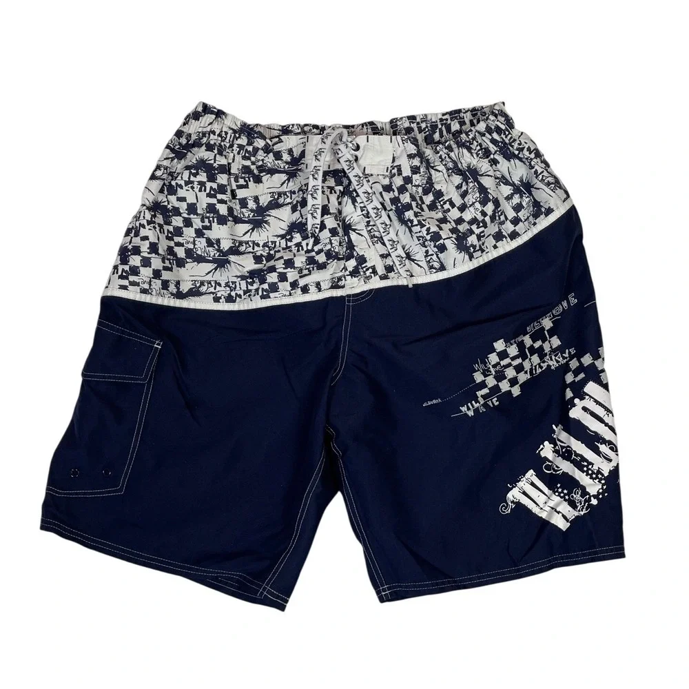 Killer Wave Men Size L Swim Trunks Board Shorts‎ Navy White Checkered Palm Print